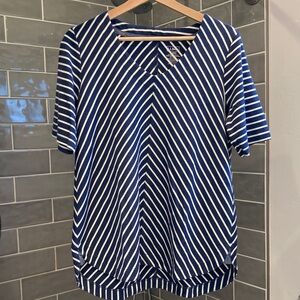 L.L. Bean Navy and White Cotton Striped V-Neck Top. Size Medium
